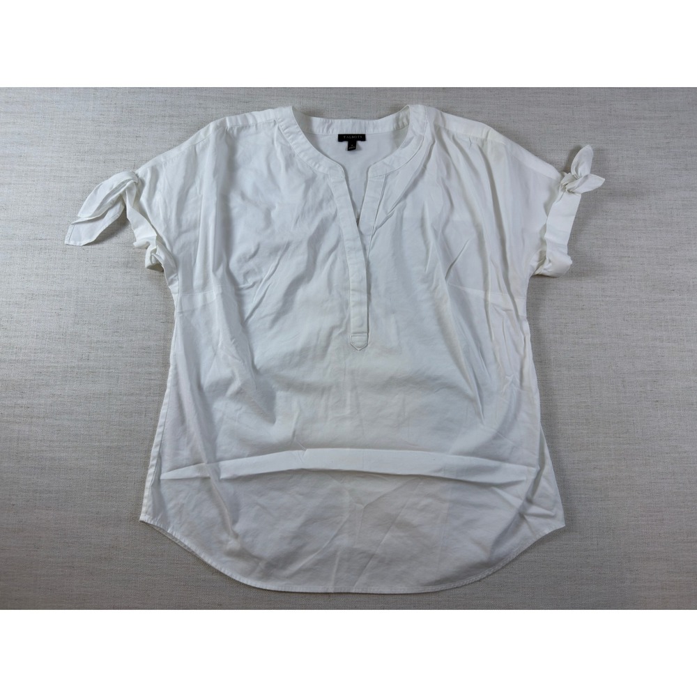 Talbots Womens White Short Sleeve Split Neck Tie Cuff High Low Blouse Small